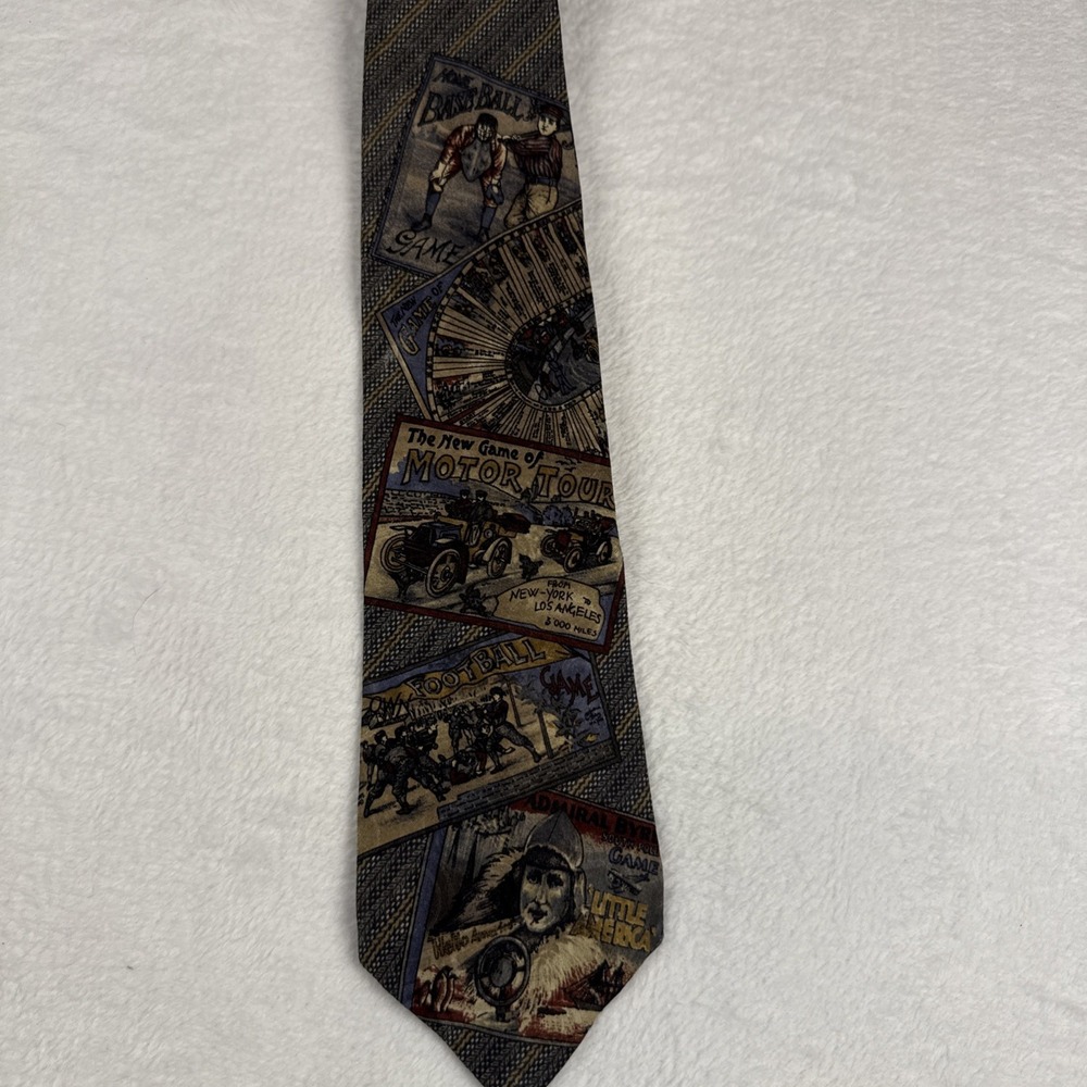 Guess Men's Necktie Tie Silk American Sports Vintage Posters Stripe Made USA 58"